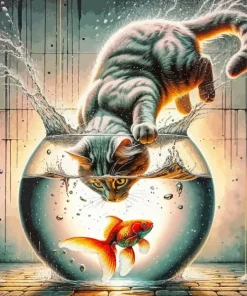 Cat And Goldfish Art Diamond Painting