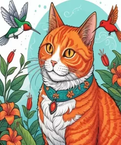 Cat And Hummingbirds Diamond Painting