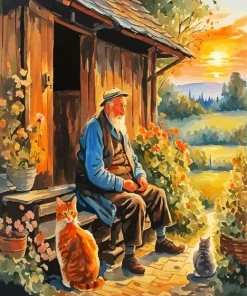 Cat And Old Man Diamond Painting