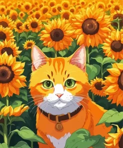 Cat And Sunflowers Field Diamond Painting