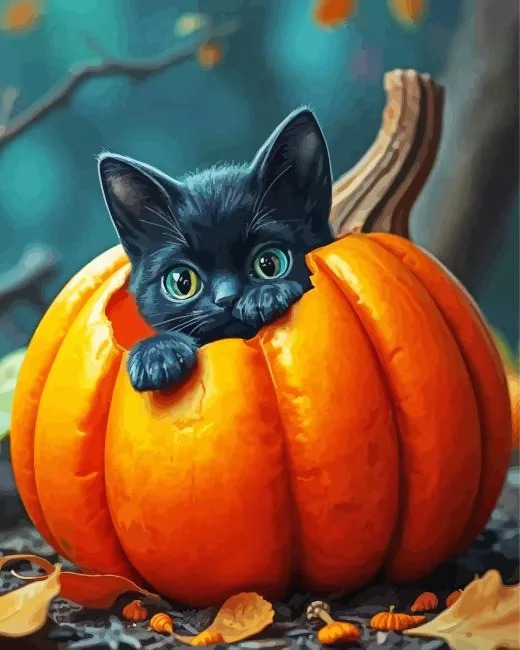 cat hiding in a pumpkin Diamond With Numbers Cat Hiding In A Pumpkin Diamond Painting