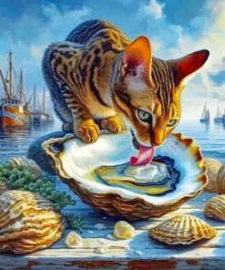 Cat Licking Oyster Diamond Painting