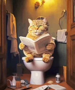 Cat Sitting On A Toilet Reading Newspaper Diamond Painting