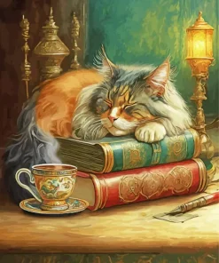 Cat Sleeping On Books Diamond Painting