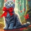 Cat With Red Ribbon And Butterflies Diamond Painting