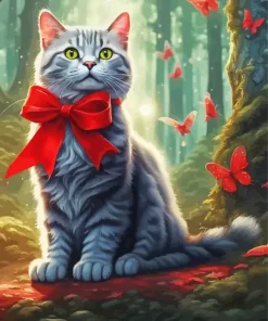Cat With Red Ribbon And Butterflies Diamond Painting