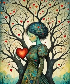 Cute Lady And Heart Tree Diamond Painting