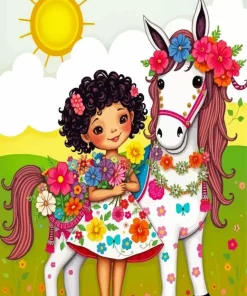 Floral Girly Horse And Little Girl Diamond Painting