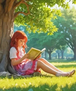 Girl Reading A Book Under A Tree Diamond Painting