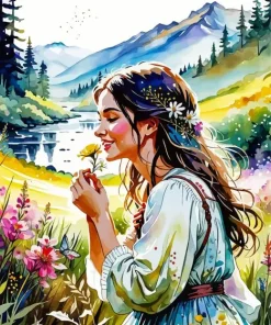 Happy Lady Smelling Flower Diamond Painting