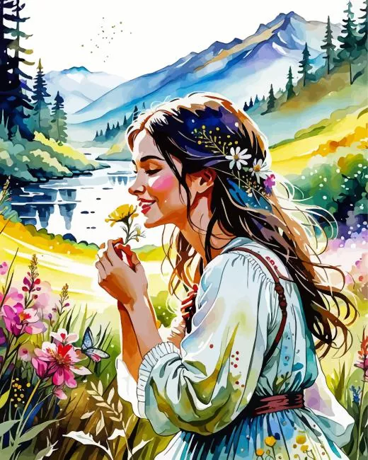 happy lady smelling flower Diamond Paints Happy Lady Smelling Flower Diamond Painting