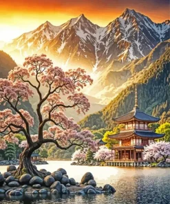 Japanese Mountain Sunset Art Diamond Painting