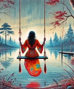 Silhouette Of A Girl On A Swing Diamond Painting
