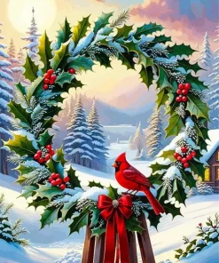 Cardinal On Christmas Holly Diamond Painting