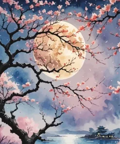 Moon And Cherry Blossom Tree Diamond Painting