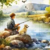 Child Fishing With His Dog Art Diamond Painting