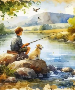 Child Fishing With His Dog Art Diamond Painting