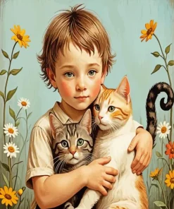 Child Hugging Cats Diamond Painting