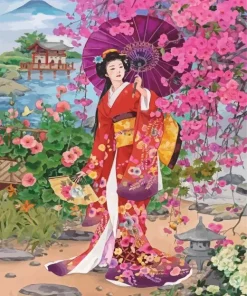 Chinese Girl With Umbrella And Cherry Blossoms Diamond Painting