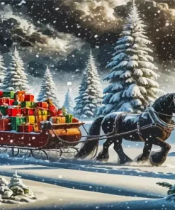 Christmas Black Horse Sleigh Diamond Painting