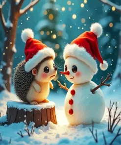 Christmas Hedgehog And Snowman Diamond Painting